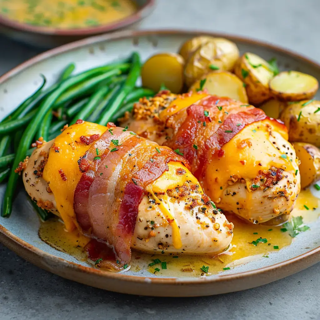 Filets de poulet avec fromage fondu et lard croustillant, servis avec haricots verts et pommes de terre.