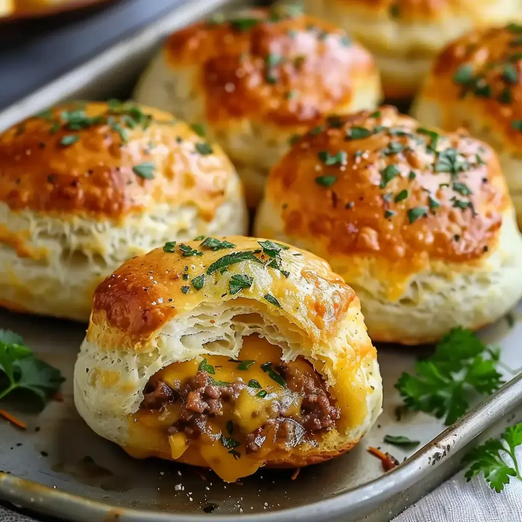 Petites bouchées croustillantes farcies au fromage fondant et viande hachée, rehaussées de persil, présentées sur un plateau.