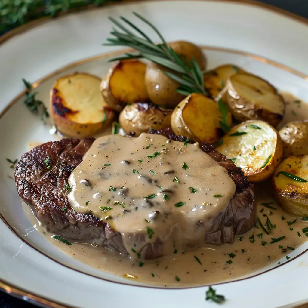 Une assiette chic avec une pièce de steak, des pommes de terre dorées et une délicate sauce crémeuse.