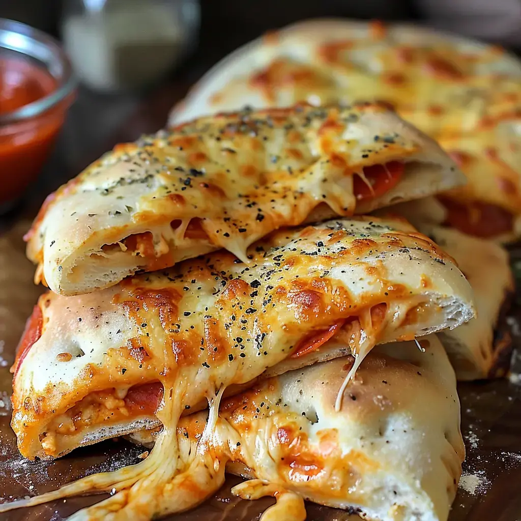 Calzones dorés avec fromage fondant et sauce tomate, joliment disposés sur une planche en bois.