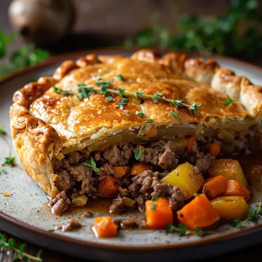 Tourte dorée croustillante farcie de viande et de légumes, servie avec herbes fraîches dans une assiette.