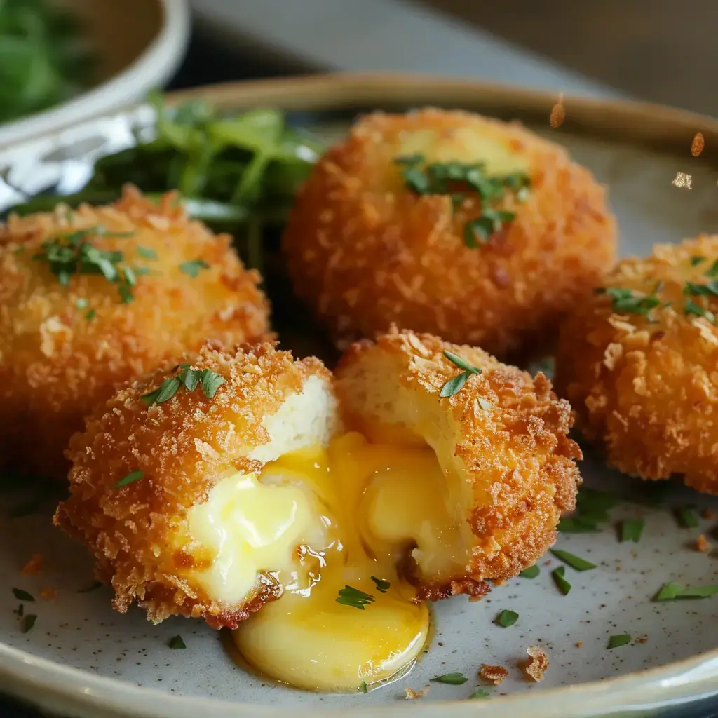 Bouchées dorées croustillantes avec un cœur fondant, servies sur une assiette avec des herbes fraîches.