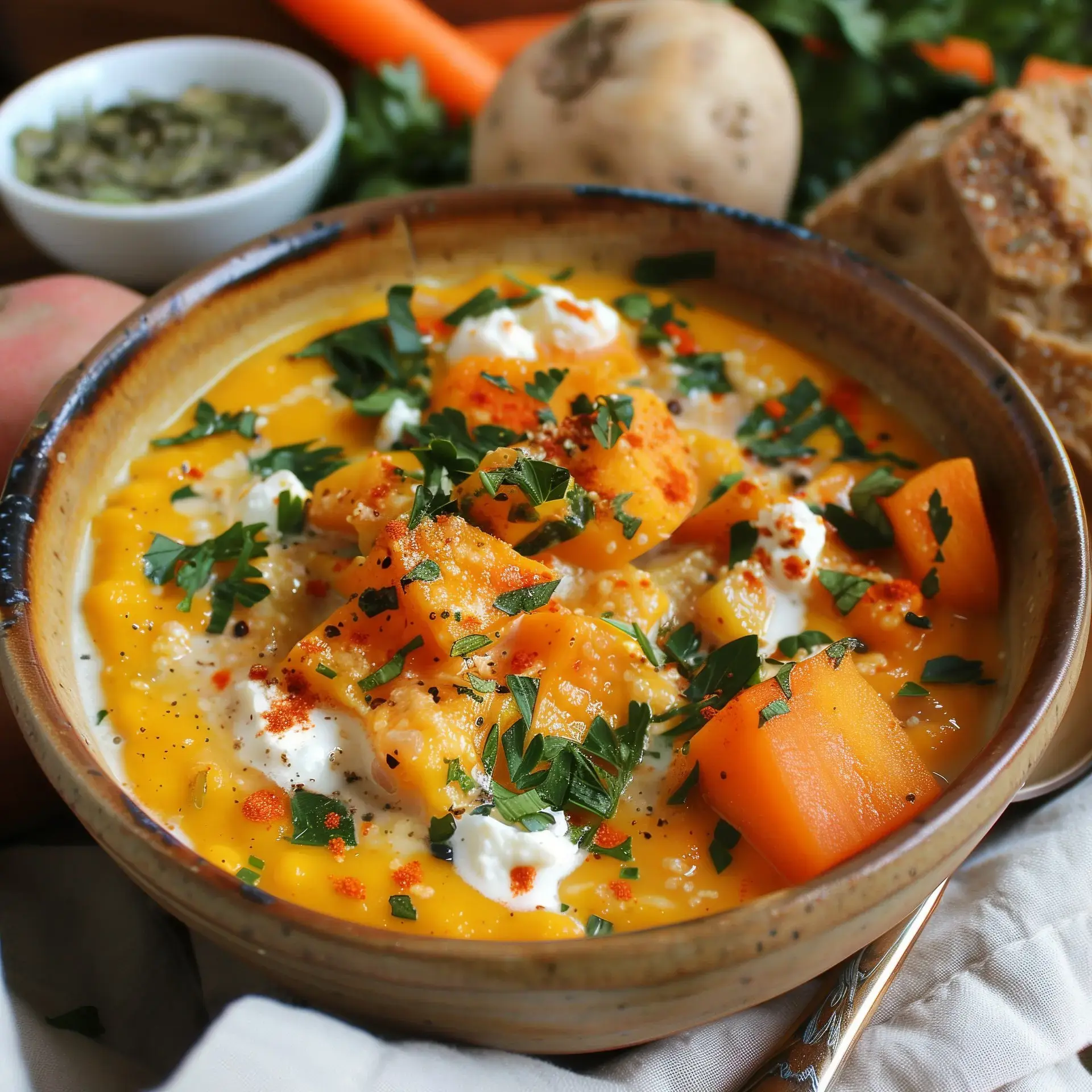Un bol de velouté de courge parsemé de crème, de persil frais et de paprika, accompagné de pain et de légumes.