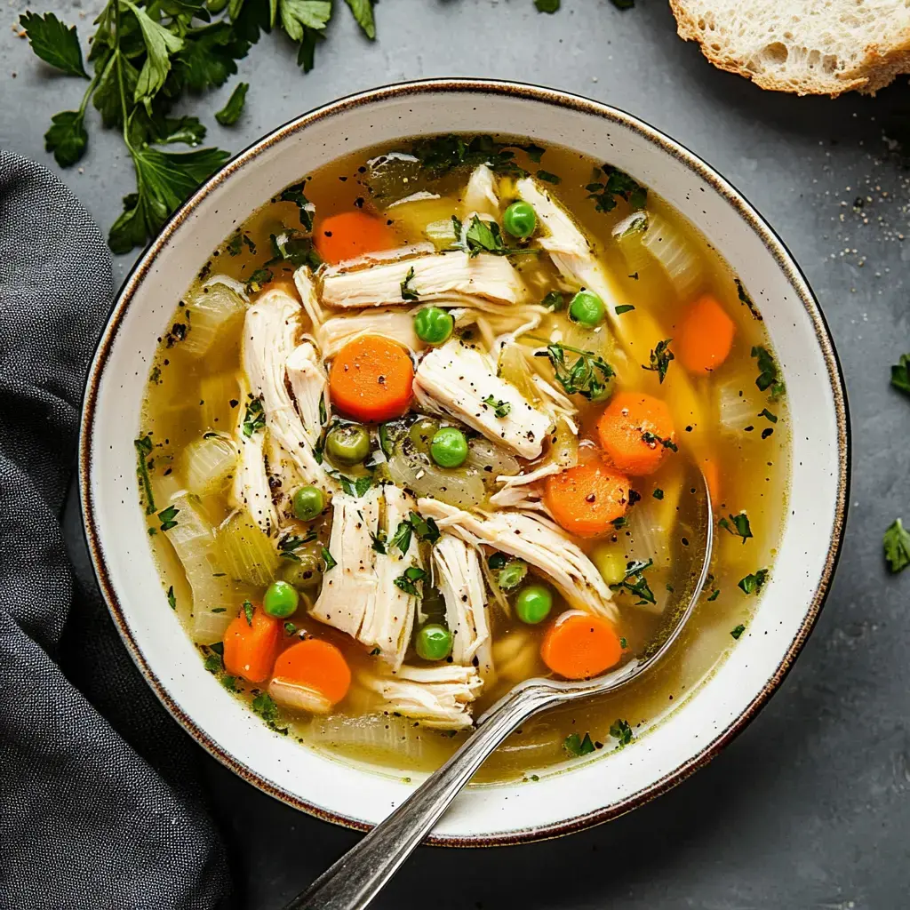 Bol de soupe poulet aux carottes, céleri et persil frais.