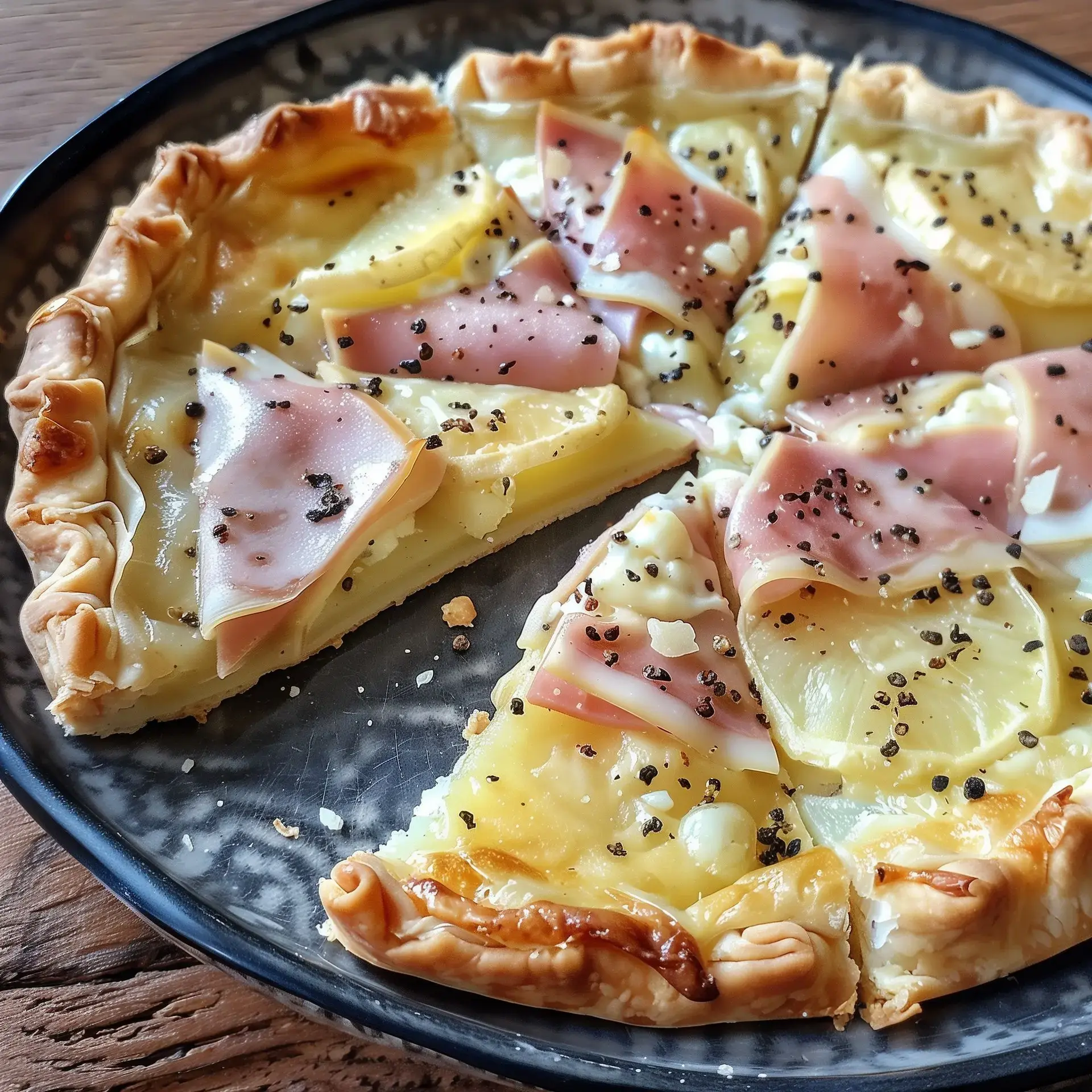 Part de tarte garnie de pommes de terre et fromage, dans une assiette, prête à savourer.