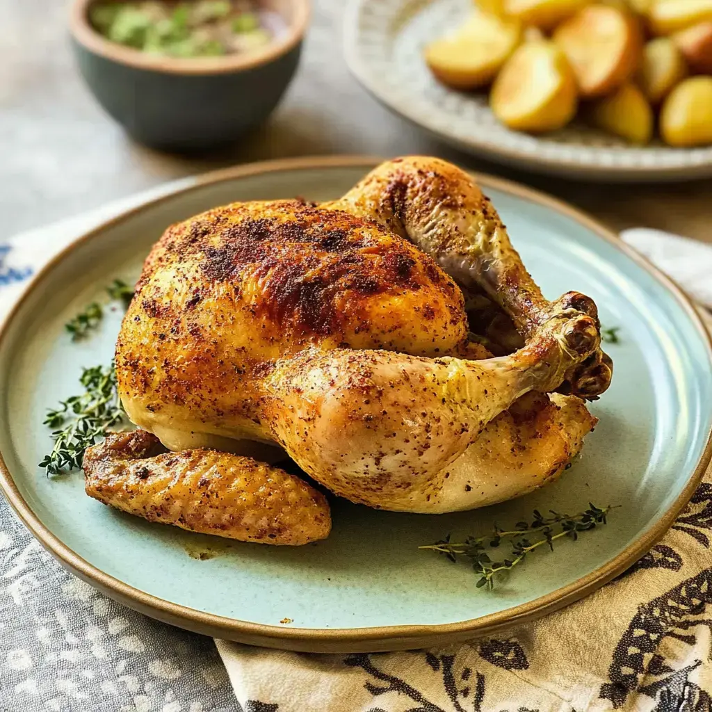 Un poulet doré préparé avec soin, entouré de thym, sur une assiette bleu clair.