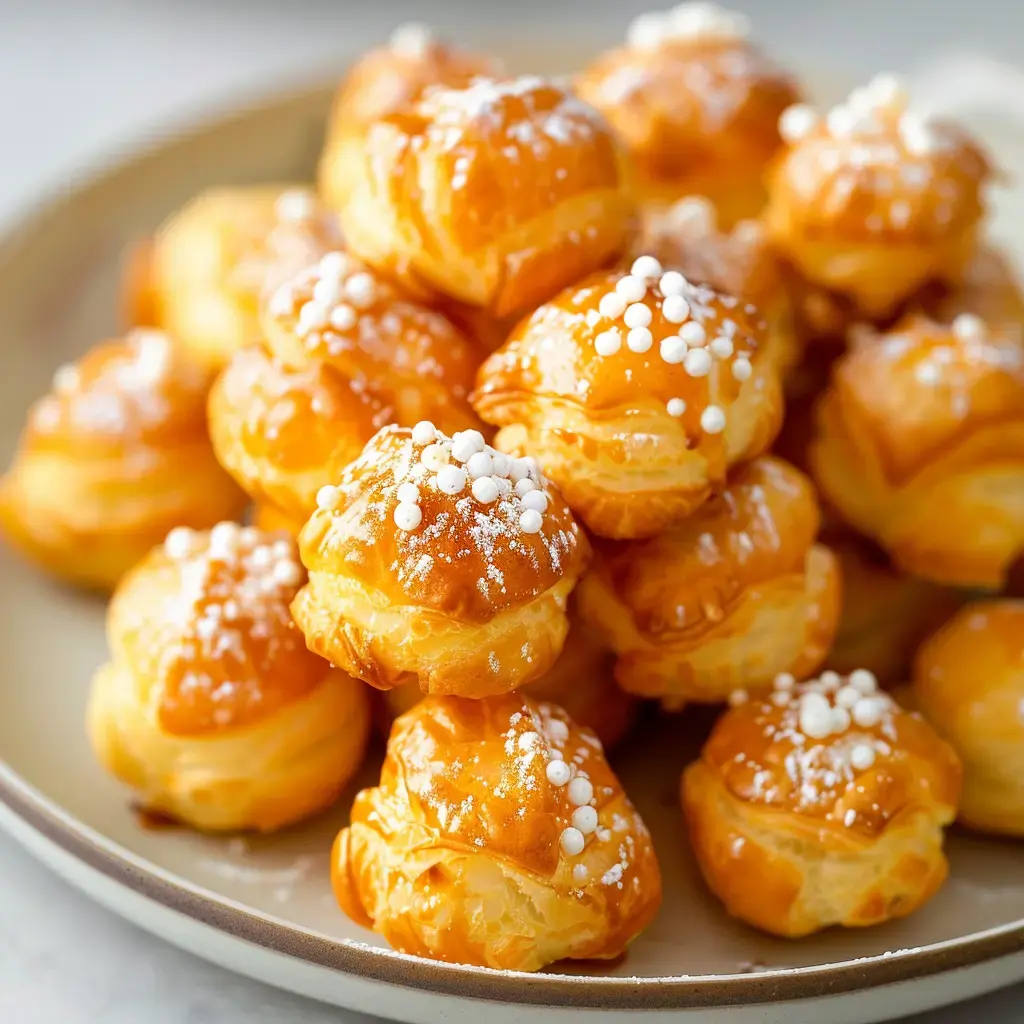 Des petits choux dorés avec des grains de sucre blanc croquant et une fine couche de sucre glace.