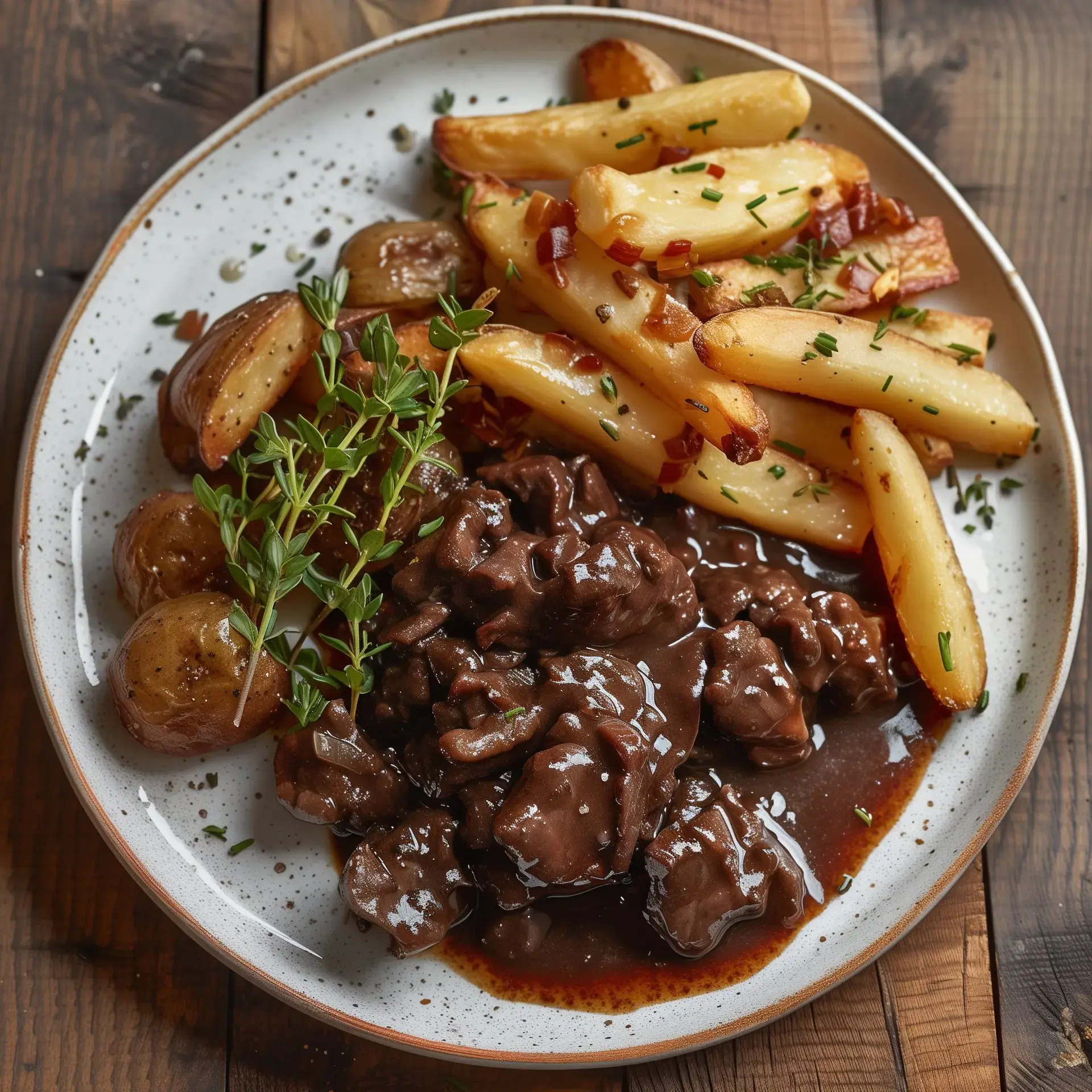 Assiette blanche avec du bœuf mijoté, des pommes de terre dorées et des herbes.