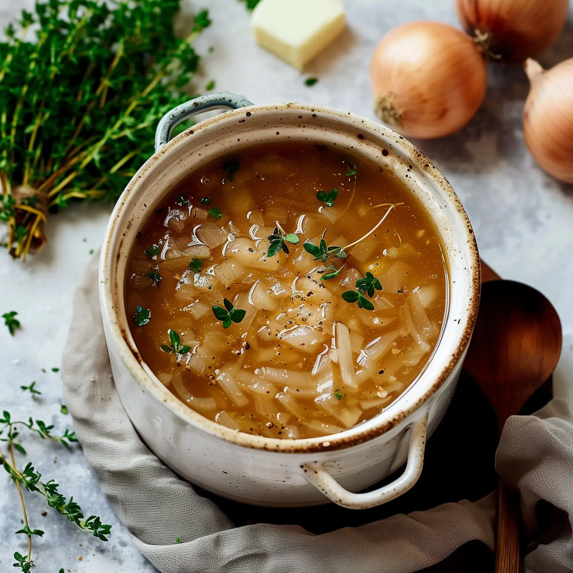 Bol de soupe fumante aux oignons, garni d'une branche de thym, avec croûtons dorés à côté.