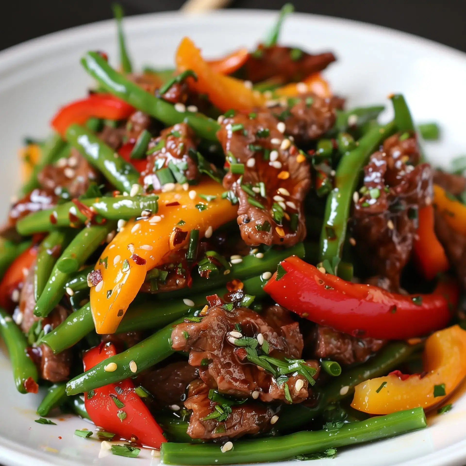 Un plat gourmand avec légumes colorés, viande tendre et graines de sésame, surmonté de fines herbes.