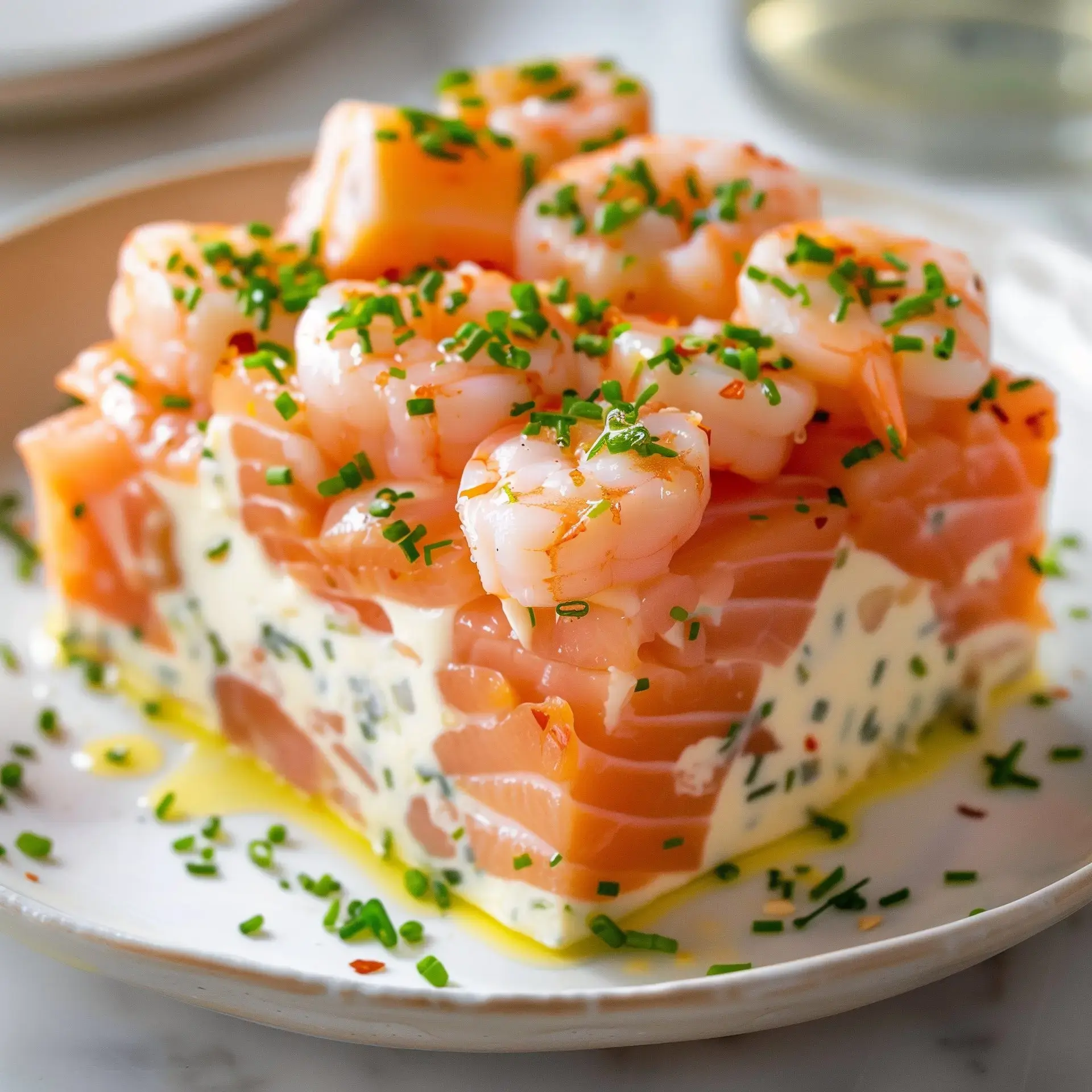 Présentation élégante d'une tranche de terrine avec crevettes et saumon, garnie de ciboulette.