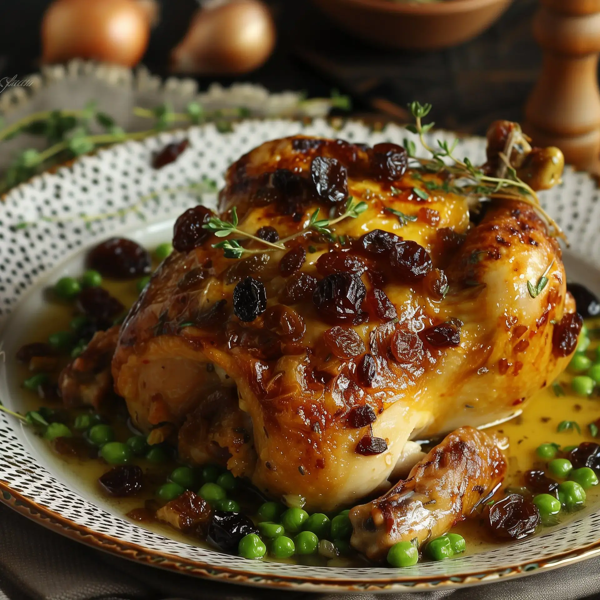 Un poulet rôti doré accompagné de raisins secs sur un lit de petits pois verts.