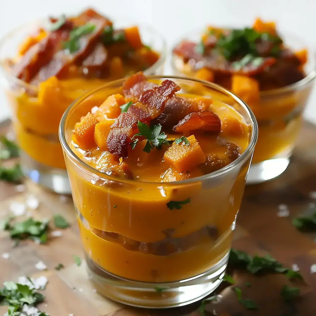 Dégustation en verrine avec purée de courge et morceaux croquants de bacon, décorée de coriandre fraîche.