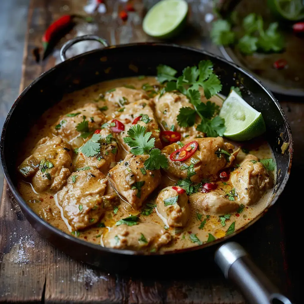 Poulet tendre dans une sauce coco citron vert, garni de coriandre, piments frais et quartiers de lime, servi dans une poêle en métal.