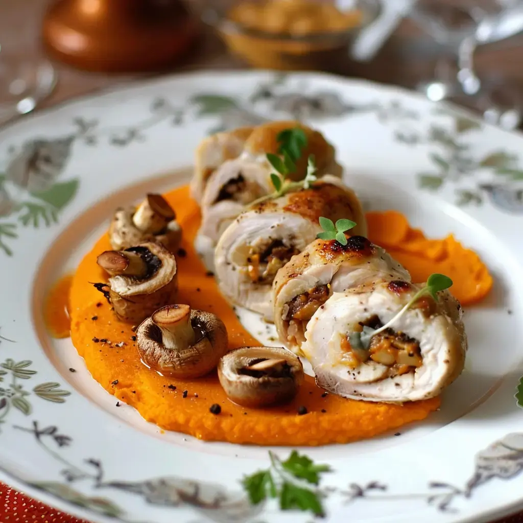 Un élégant plat de dinde roulée farcie, accompagné de purée de patate douce et de légumes dorés.