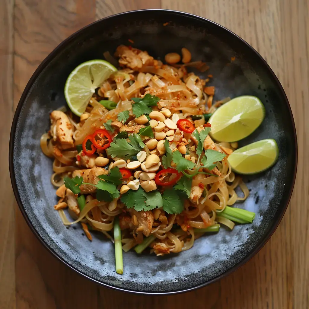 Un bol de nouilles sautées agrémenté de poulet, de noix de cajou, de piment et de citron vert.