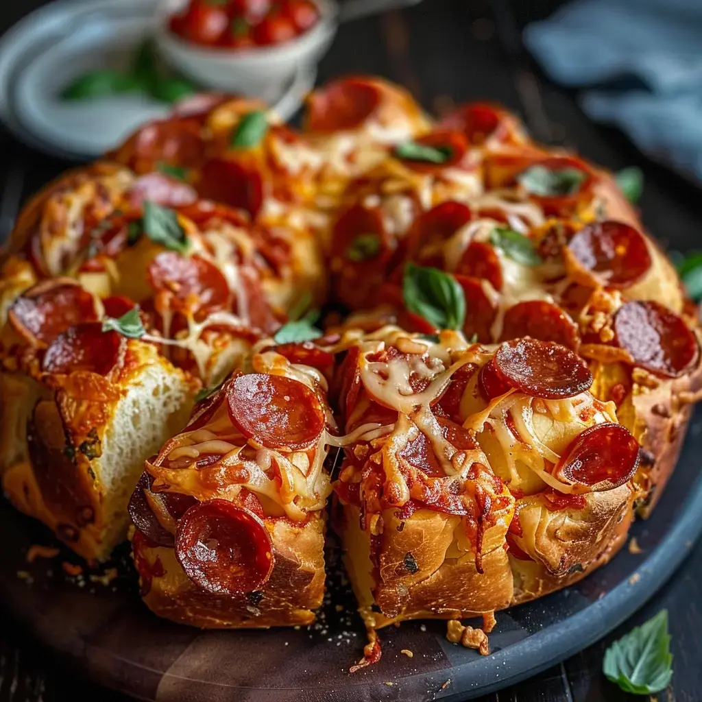 Pain gourmand garni de fromage et pepperoni, servi avec des tomates cerises fraîches.
