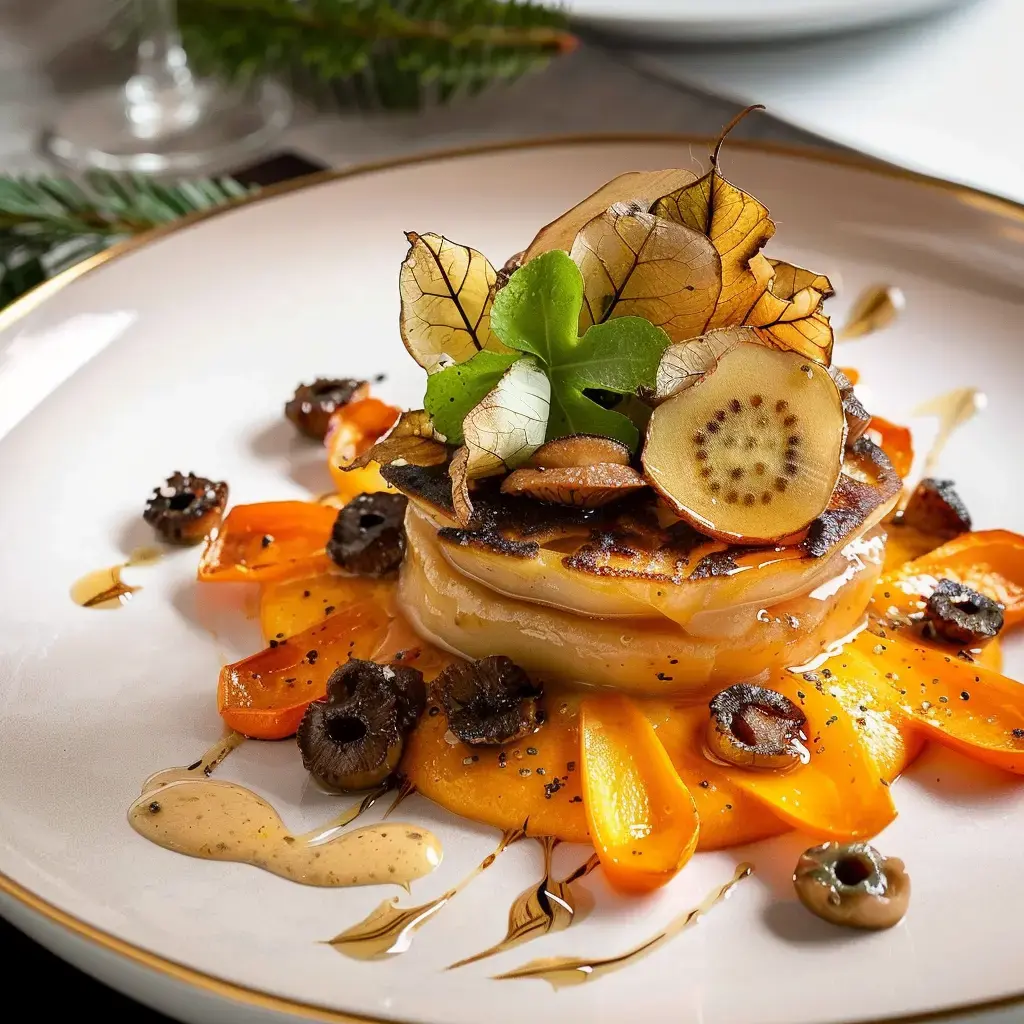 Plat élégant avec couches de légumes généreusement garnis et servi avec une sauce raffinée, parfait pour gastronomes.