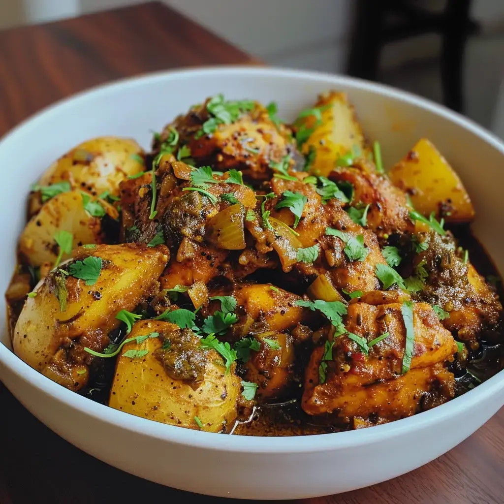 Un savoureux plat de poulet aux légumes et épices exotiques, prêt à déguster.