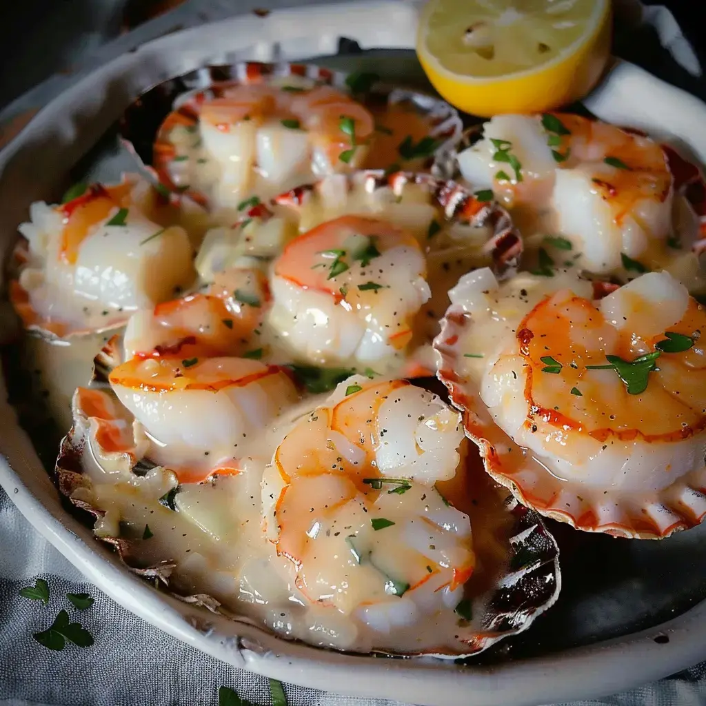 Plat gourmand avec des coquilles Saint-Jacques, des crevettes et une sauce crémeuse, accompagné d'un citron.
