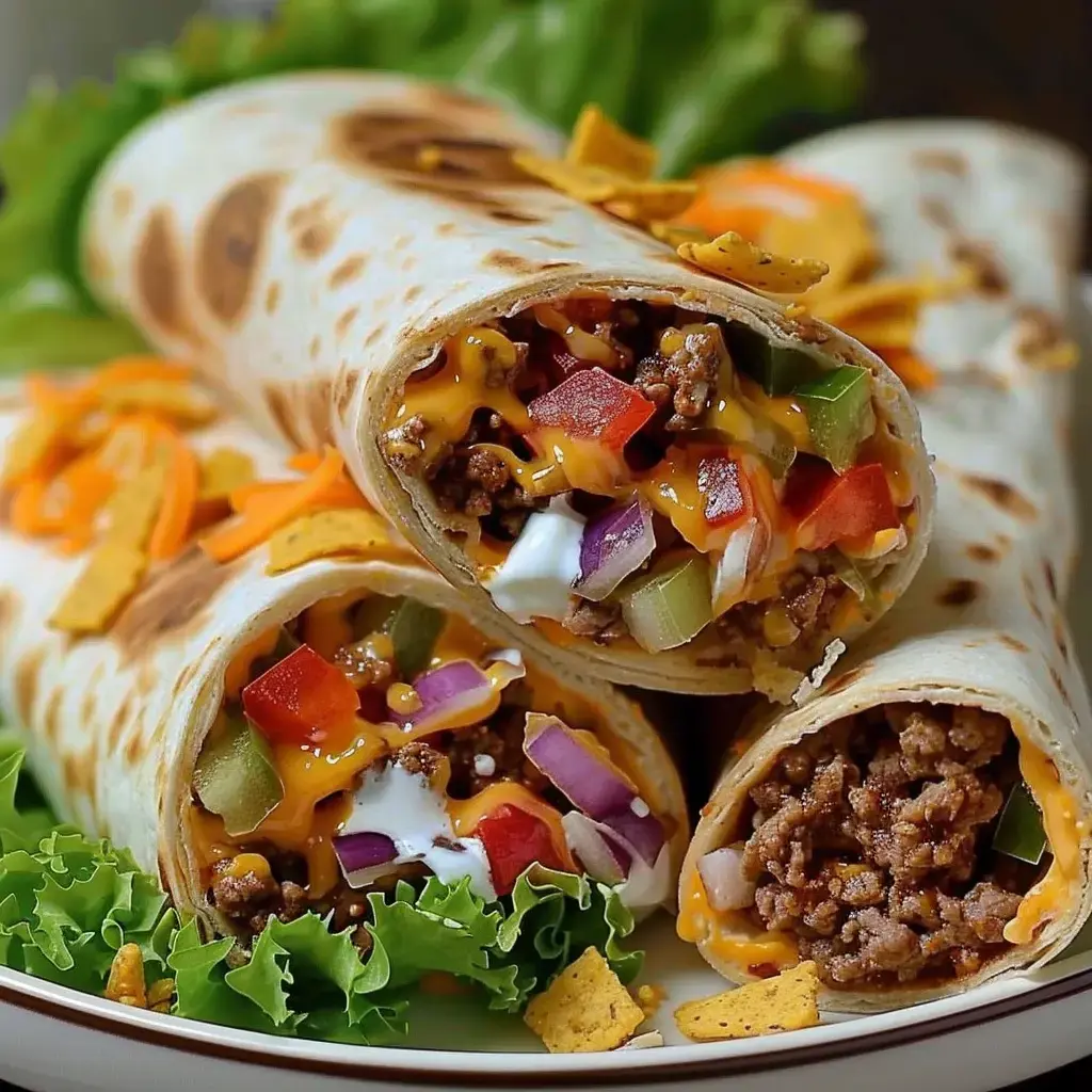 Wraps farcis avec bœuf mariné, fromage fondant, garnis de légumes et crème sure, présentés sur de la laitue.