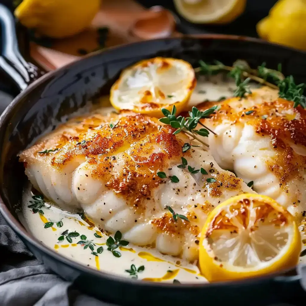 Poisson tendre en sauce crémeuse avec rondelles de citron et du thym.