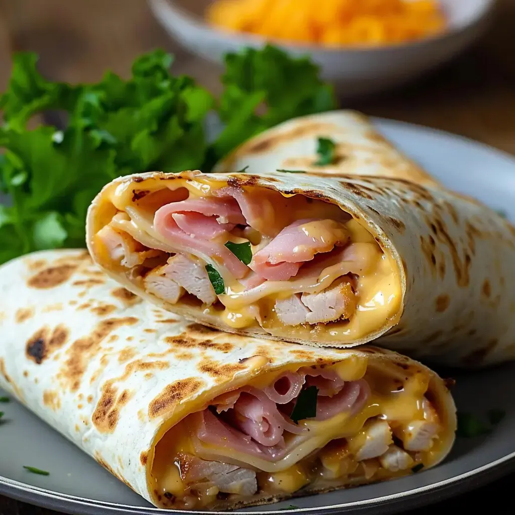 Wraps fourrés à base de poulet, jambon, fromage fondant et un peu de salade verte.