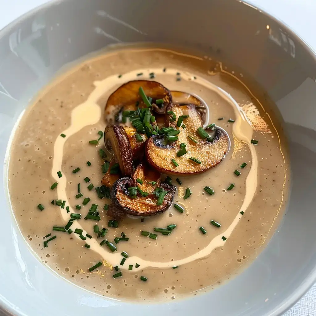 Une soupe onctueuse aux champignons décorée de ciboulette.