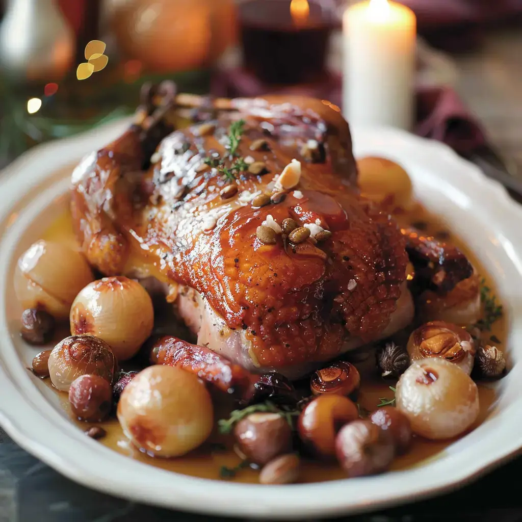 Une dinde rôtie avec des oignons caramélisés et quelques marrons dans une sauce gourmande.