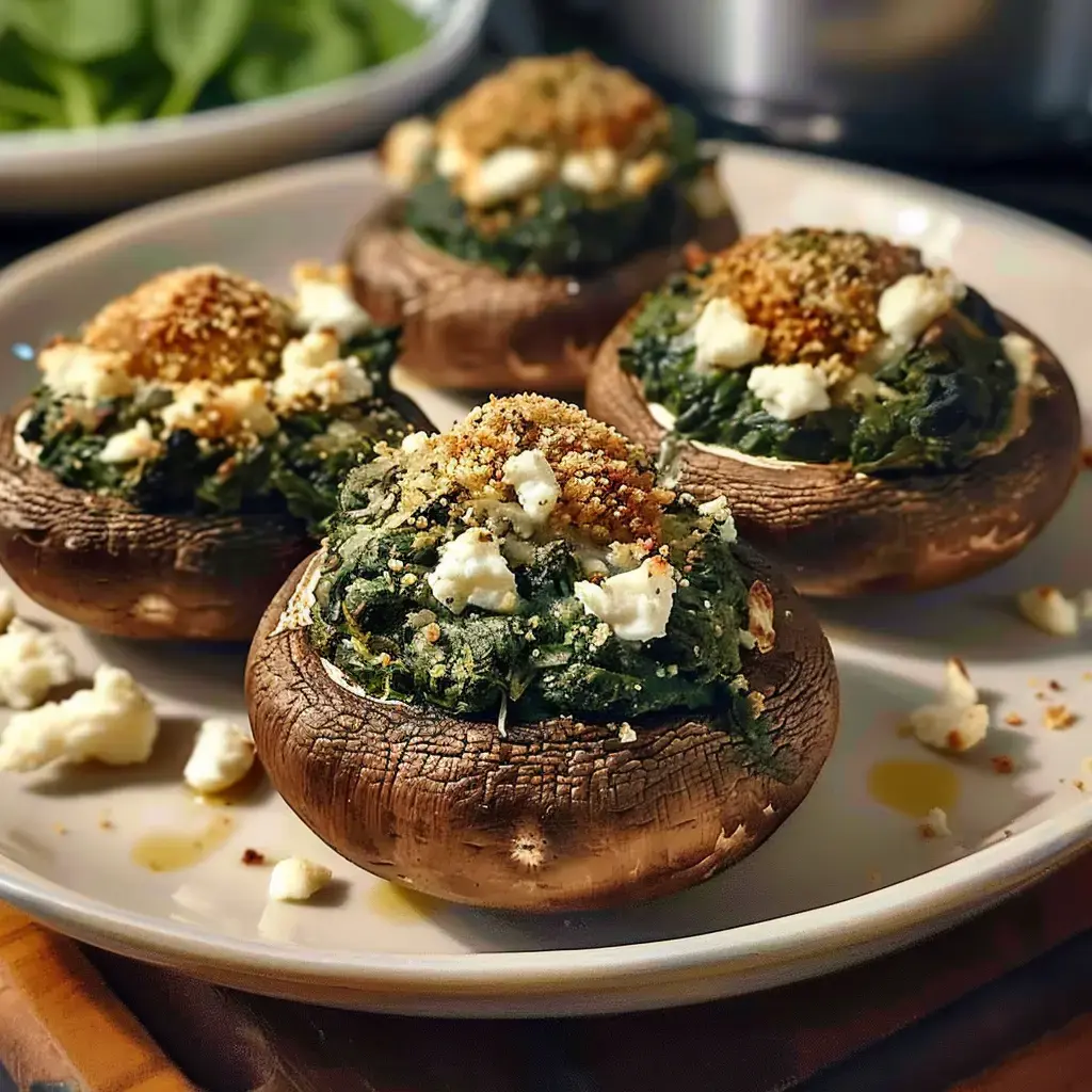 Champignons garnis d'épinards et fromage avec une chapelure croustillante, joliment disposés dans une assiette.