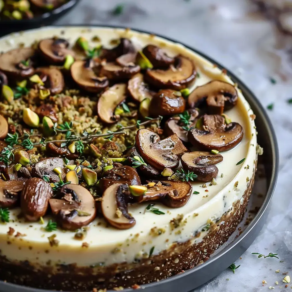 Plat décoré avec des champignons sautés, des pistaches et une touche de thym sur une croûte dorée.