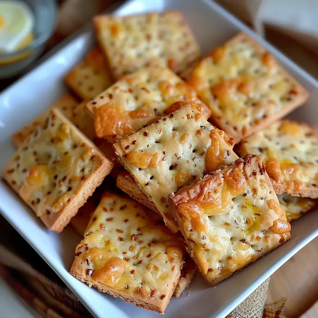 Carrés dorés et croquants, parsemés de fromage et grains, servis dans une assiette blanche.
