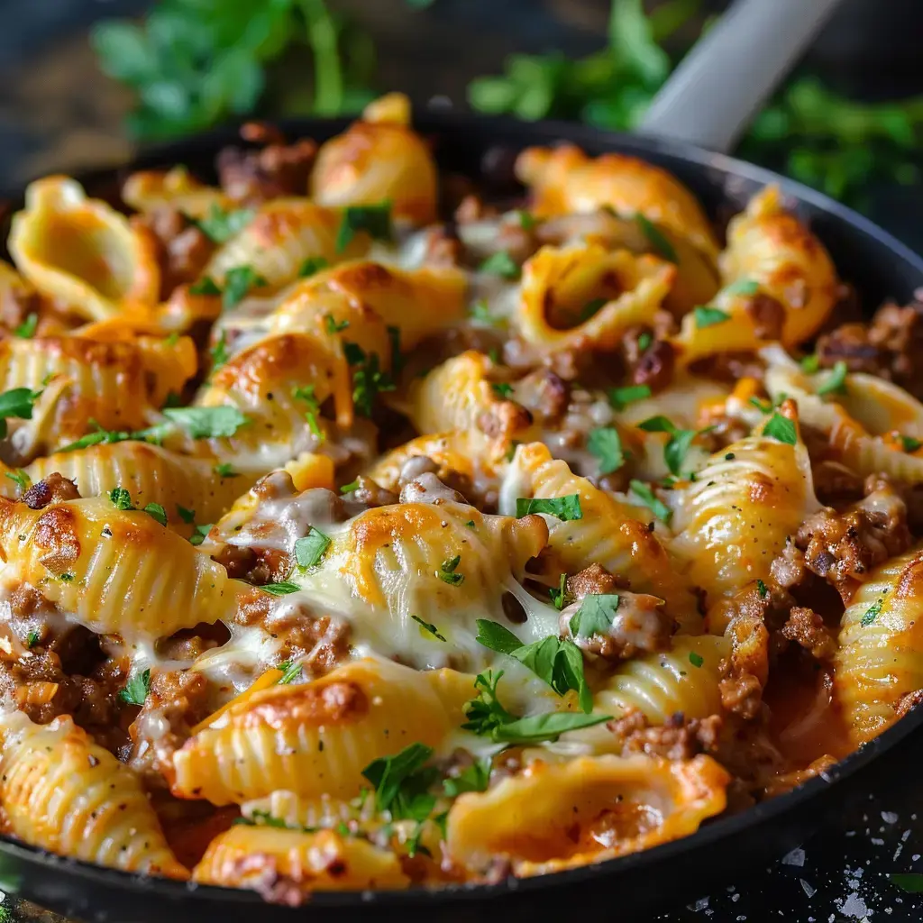 Pâtes coquilles garnies de bœuf tendre, fromage fondu et herbes fraîches dans une poêle.