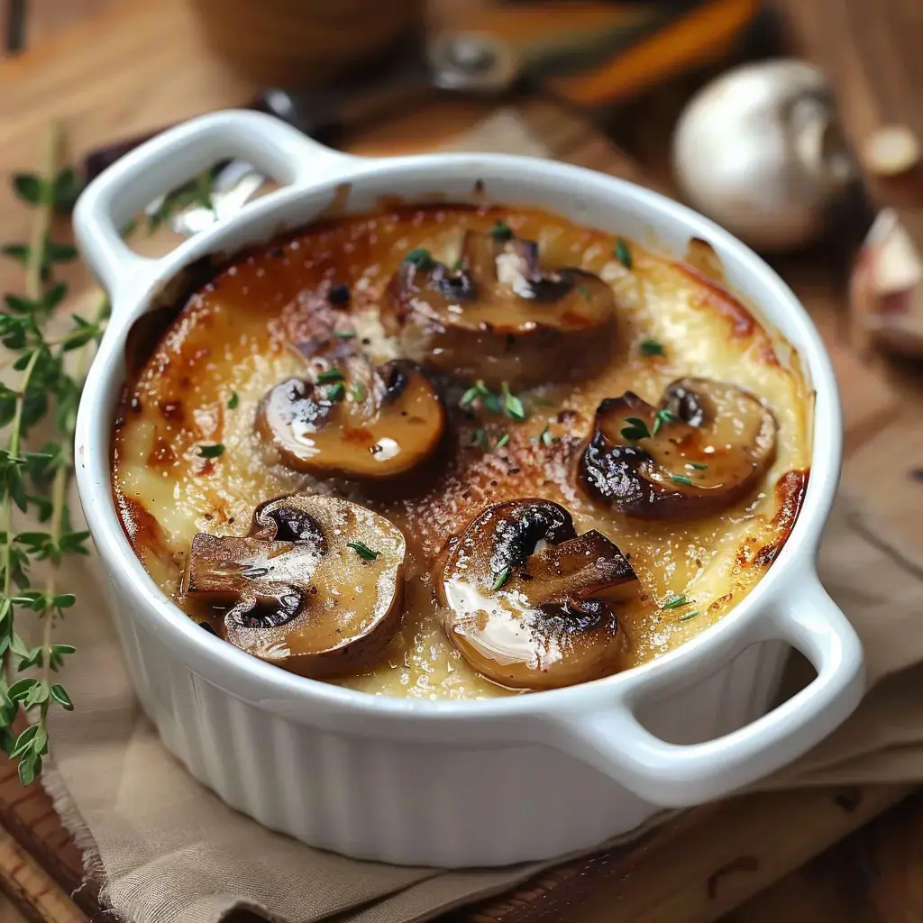 Plat onctueux aux champignons et herbes fraîchement gratinés, dans une céramique blanche.