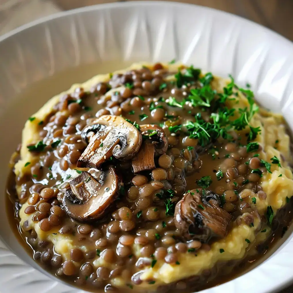 Assiette de lentilles avec sauce brunâtre, champignons tranchés, purée crémeuse et persil frais.