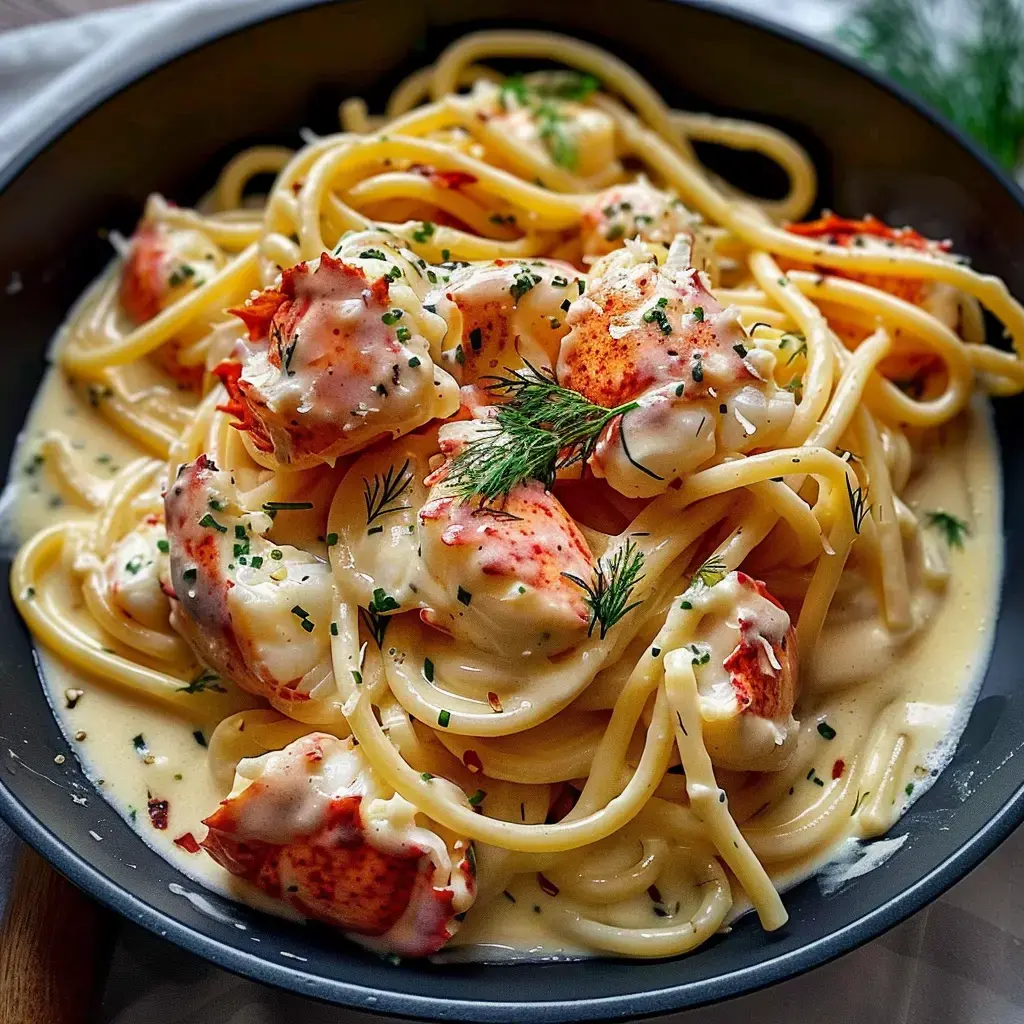 Morceaux de homard dans une sauce crémeuse avec des herbes fraîches et des pâtes.