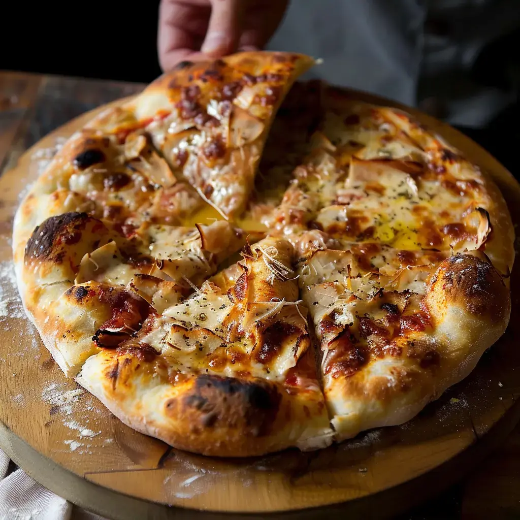 Une pizza chaude garnie de fromage fondu et de jambon, coupée sur une planche en bois.