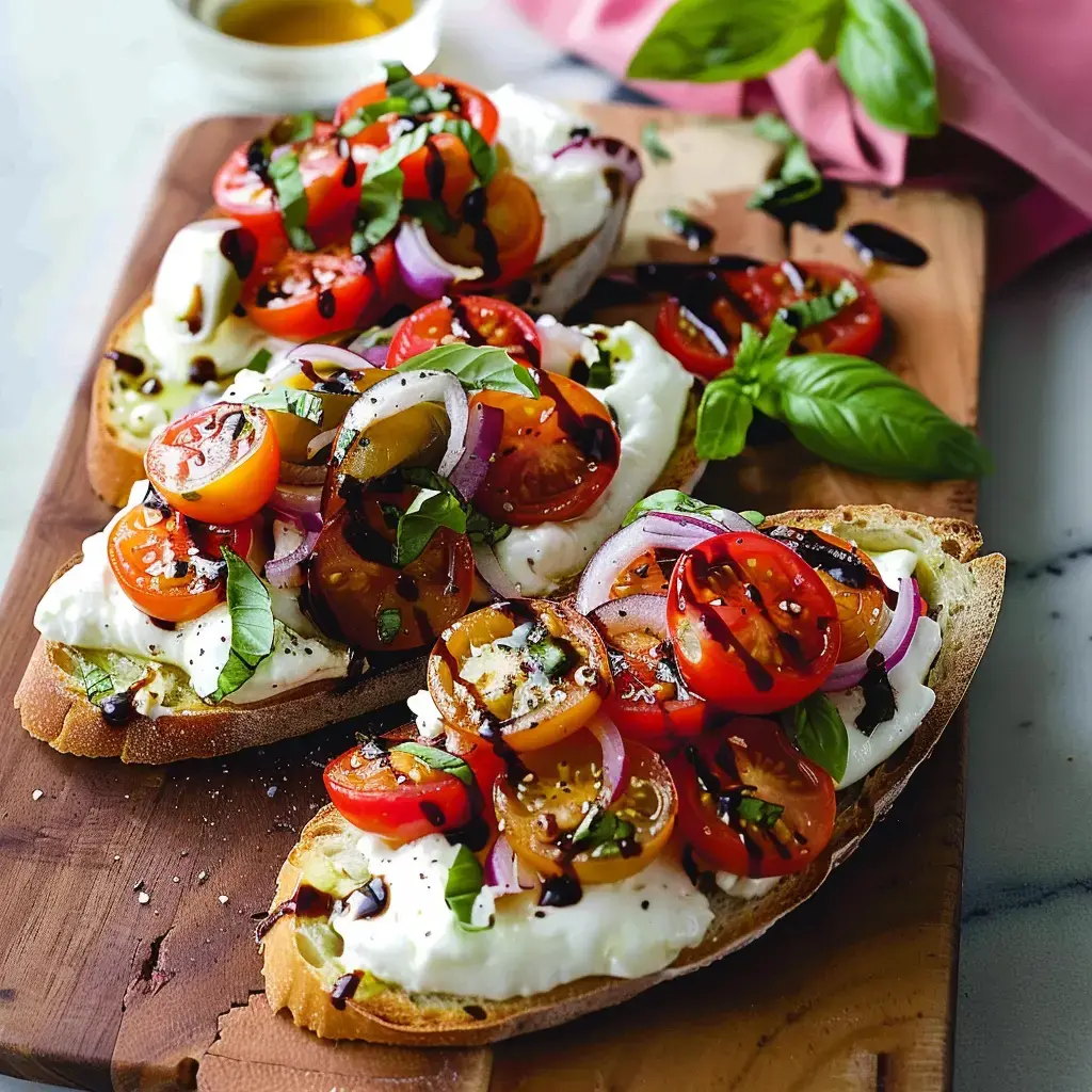 Tranches de pain garnies de burrata, de tomates cerises rouges et jaunes, de basilic, et de vinaigre balsamique sur une planche en bois.