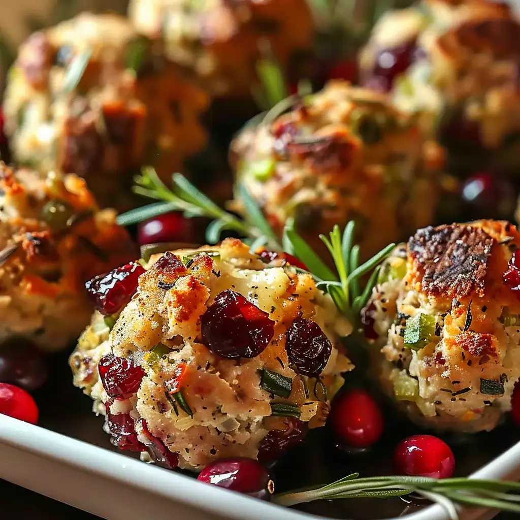 Petites boulettes dorées accompagnées de canneberges et d’herbes, joliment présentées.