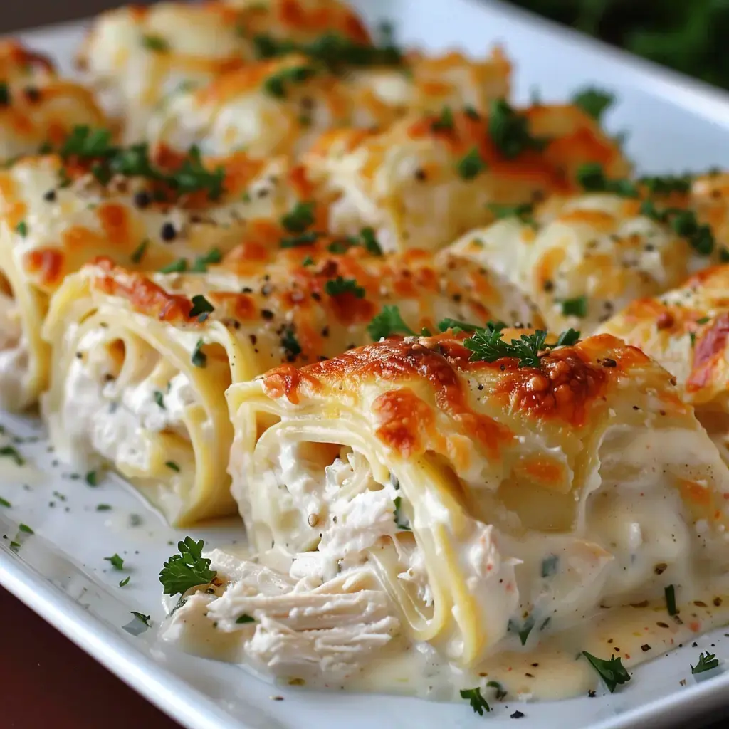 Rouleaux au poulet sous une sauce onctueuse et gratinés avec du fromage fondant, servis sur une assiette.