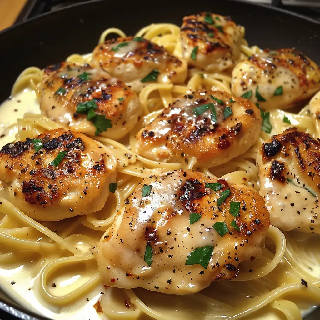 Linguines nappées d'une sauce crémeuse, garnies de poulet tendre, persil et poivre noir.