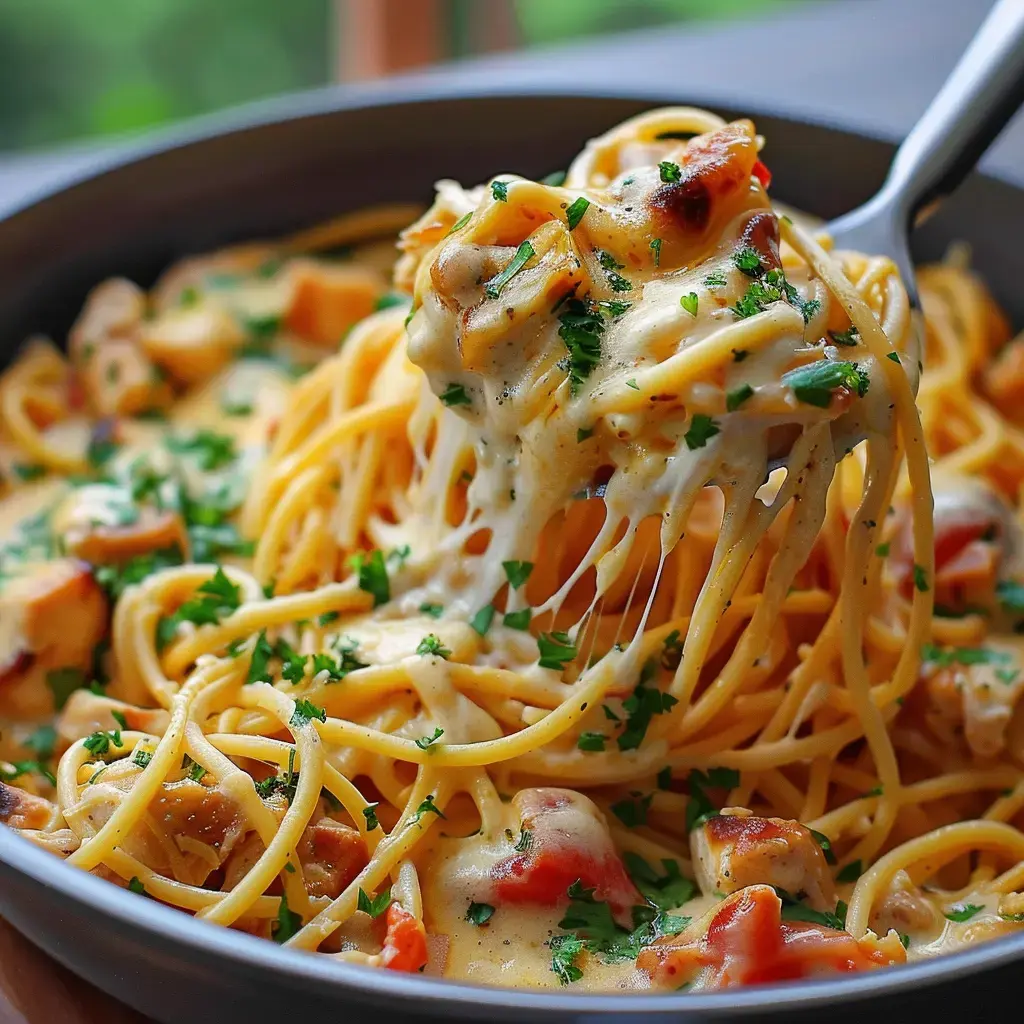 Bol de spaghetti crémeux avec poulet et persil frais.