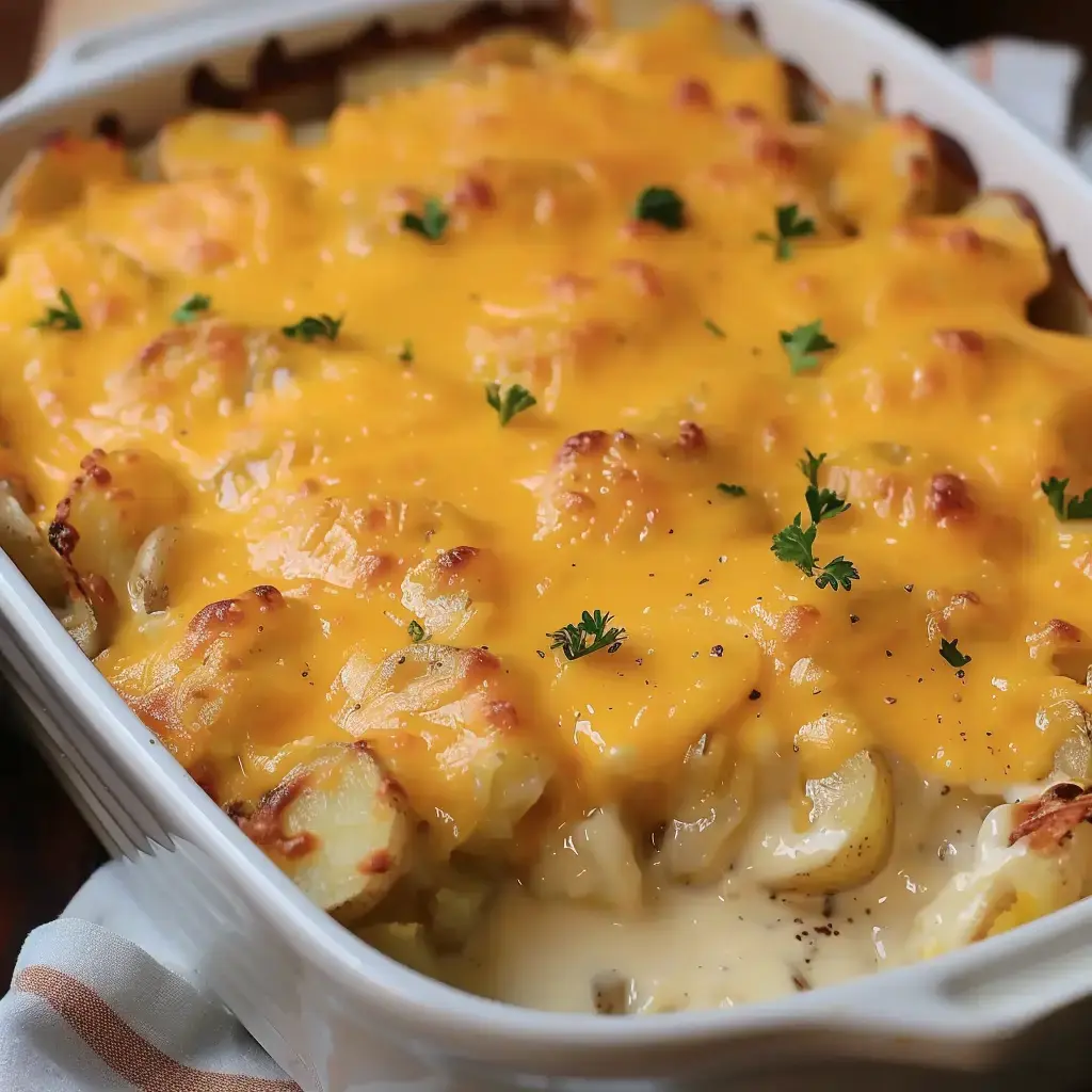 Délicieux gratin de pommes de terre au cheddar, doré et garni de persil frais.