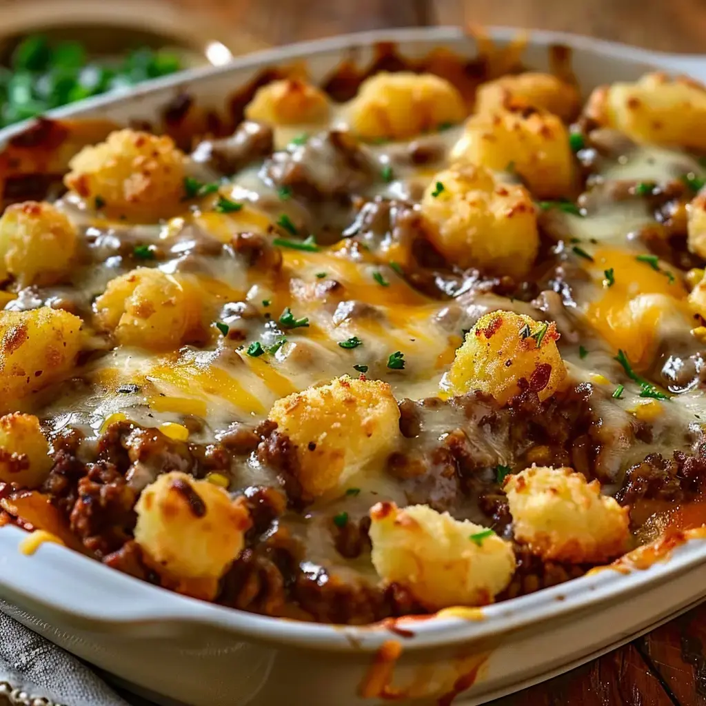 Un gratin rustique avec viande, pommes de terre dorées et fromage fondant, décoré de persil frais.