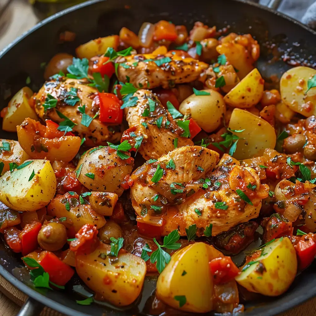 Poulet mijoté avec légumes et herbes dans une grande poêle.