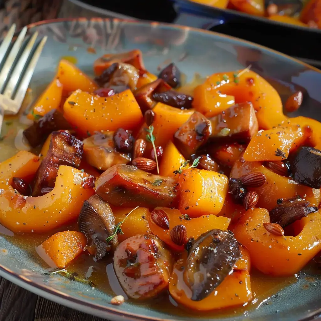 Des morceaux de courge rôtie avec des champignons, herbes fraîches et éclats d'amandes en garniture.