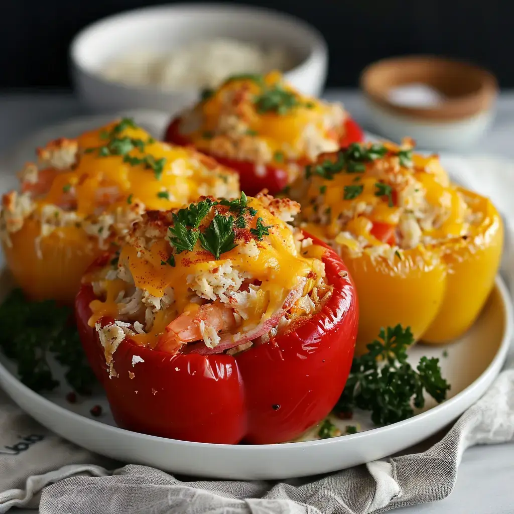 Des légumes farcis d'une préparation au crabe et fromage, parsemés de chapelure, sur une assiette décorée d'herbes fraîches.