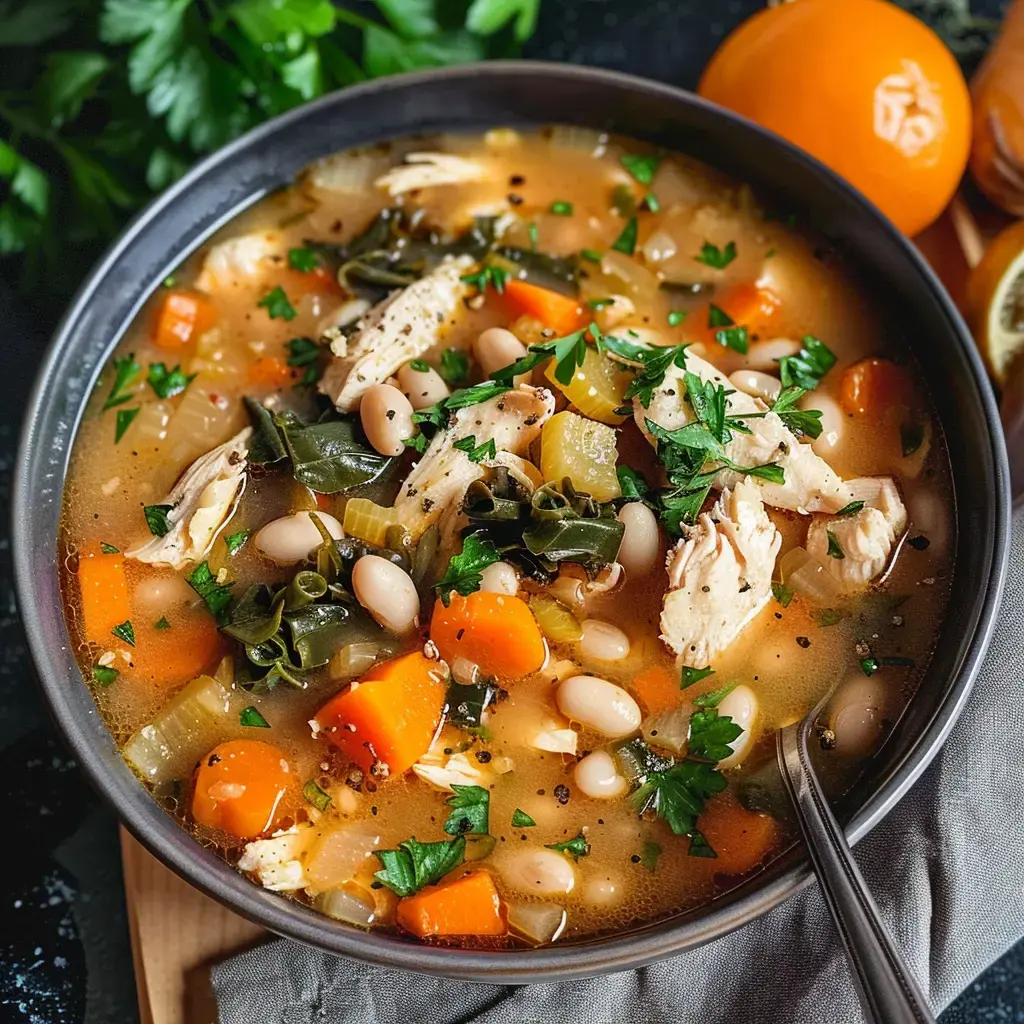 Un bouillon appétissant avec des morceaux de volaille, des légumineuses blanches et des petits légumes, décoré de fines herbes.