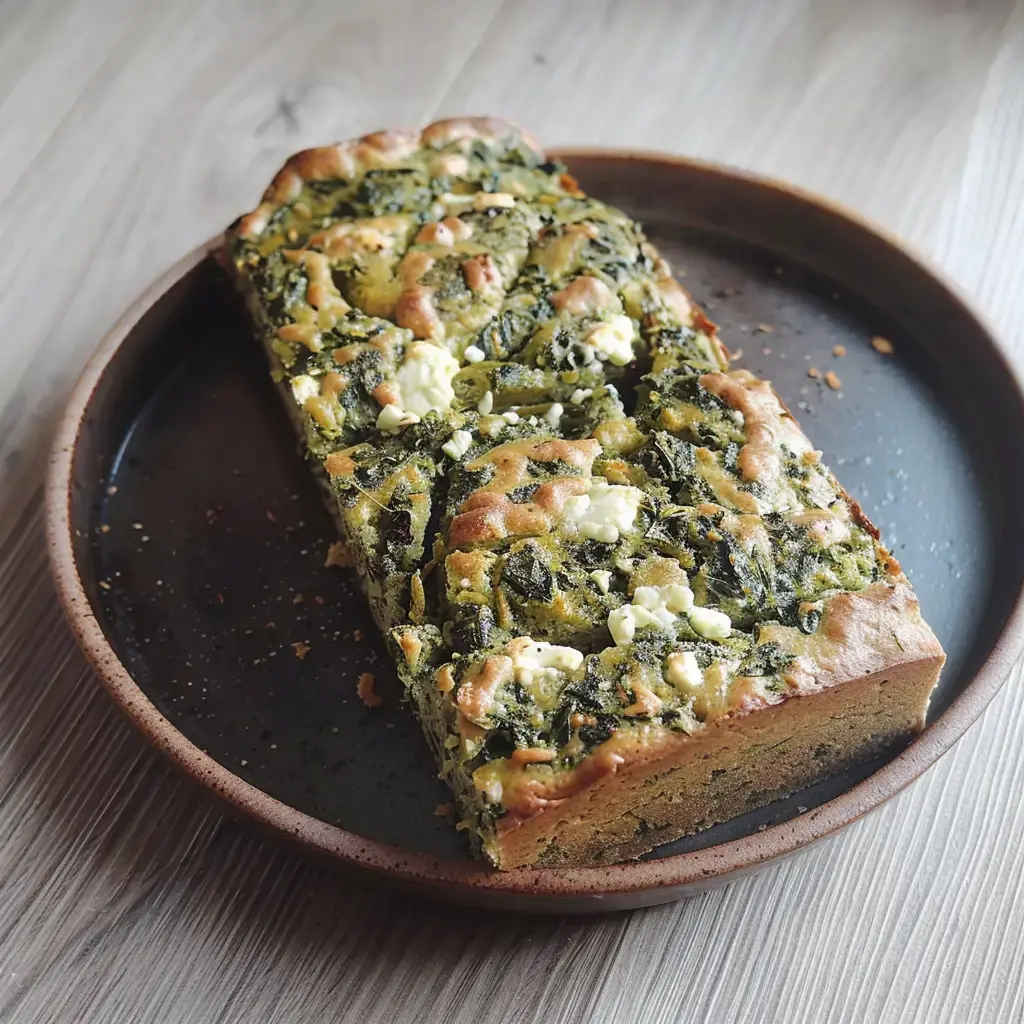 Un cake salé aux épinards avec de la feta présenté joliment sur une grande assiette en céramique.