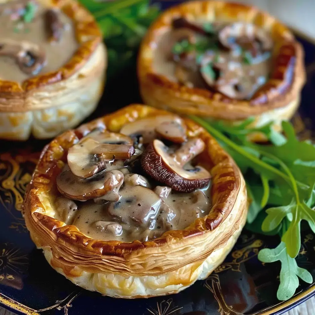 Petites bouchées feuilletées garnies de champignons dans une sauce au Porto, avec quelques feuilles de roquette.
